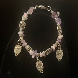 Silver Owl Charm Bracelet with Purple glass Beads